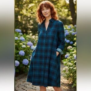 J. Jill | Women’s Teal/Black Plaid A-Line Button-Up Dress Floral Cuffs Size XLP